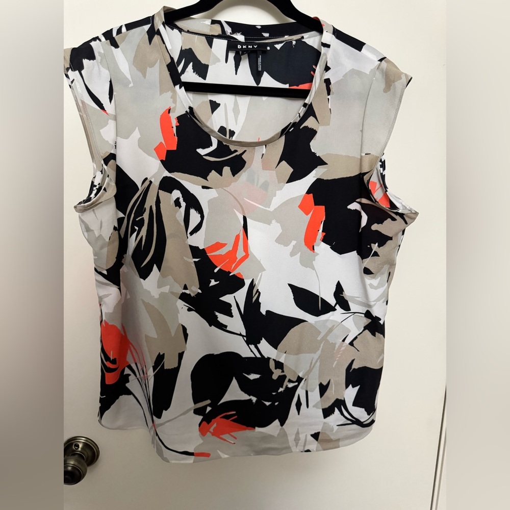 DKNY Sleeveless Floral Print Shell Top - Coral, Black & Taupe